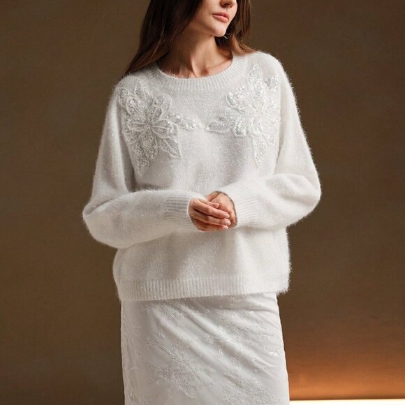 White Casual Women's Elegant Sequin Floral Round Neck Loose Sweater - Picture 7 of 8